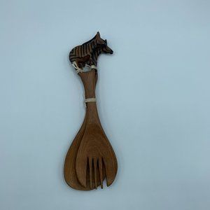 Vintage Carved Wooden African Zebra Serving Spoon & Fork  Set - NWOT
